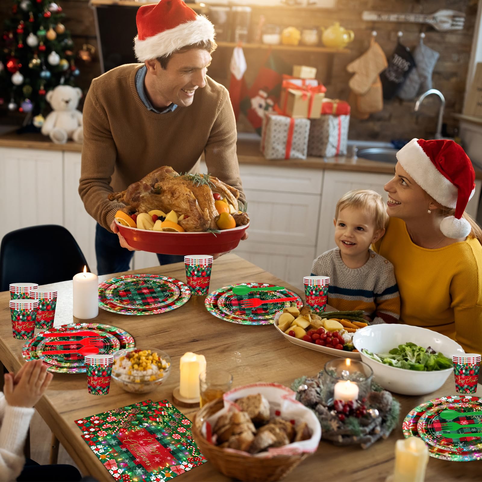 Avezano plaid-pattern tableware enhances holiday table decor.