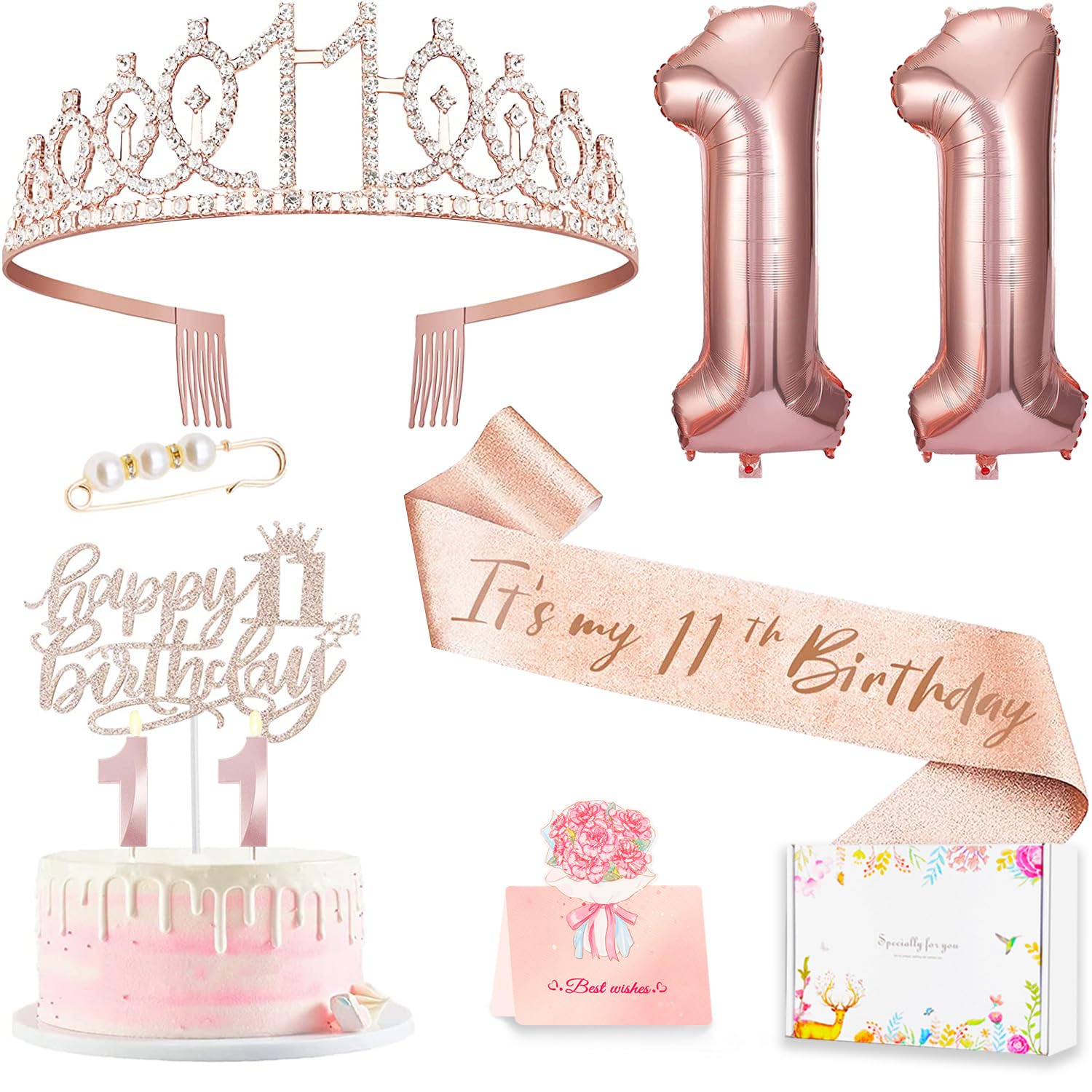 Awfrky rose gold crown with rhinestones for 11th birthday photos