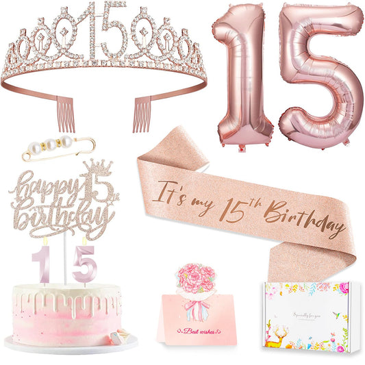 Awfrky rose gold crown with rhinestones for a stylish 15th birthday look