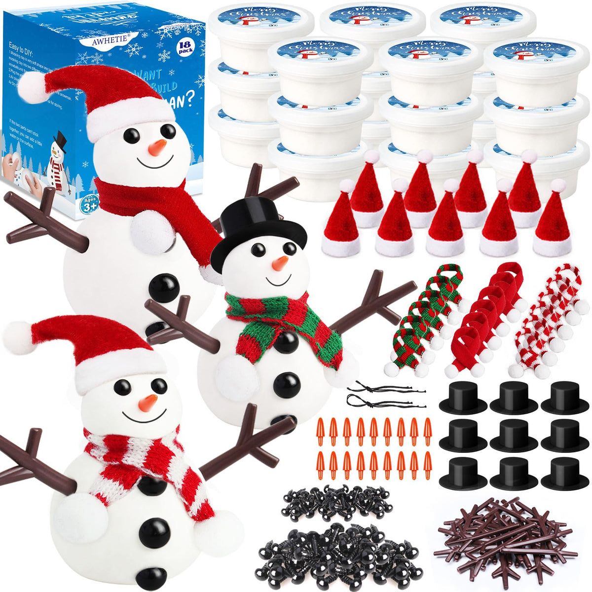 AWHETIE 18-pack snowman crafts kit box for kids, ideal for festive activities.