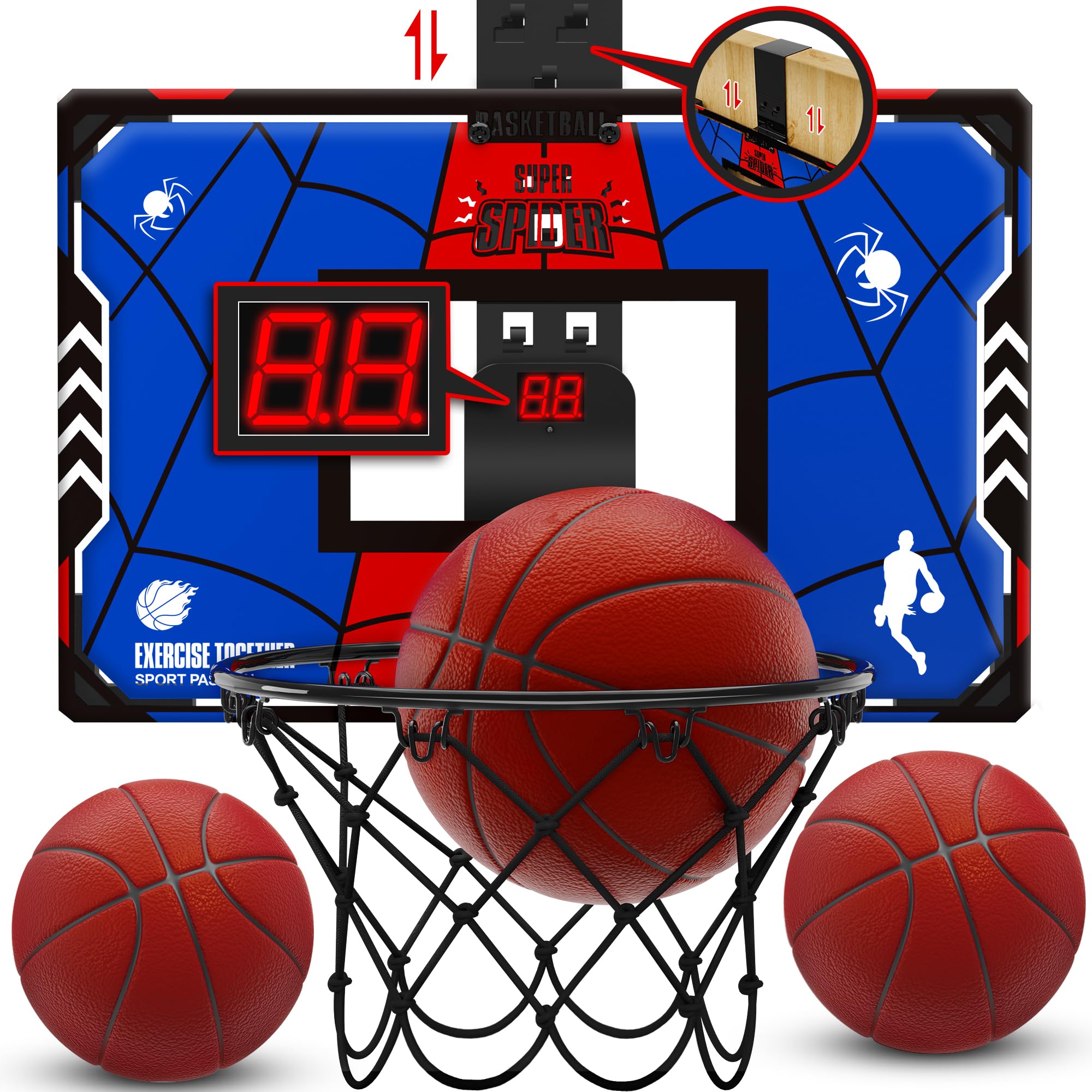 Awinto basketball hoop over-the-door assembly enabling quick family play