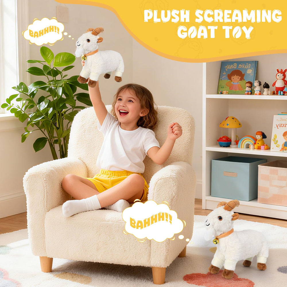AWMHS plush goat with realistic facial details and horns for decor.