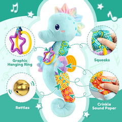 AWOTOY Seahorse crinkle-rattle body engages baby senses during tummy time.
