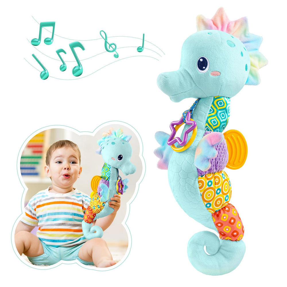 AWOTOY Seahorse musical toy front view promotes visual, tactile, and auditory development for infants.