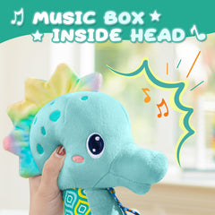AWOTOY Seahorse silicone teether on back supports gentle teething during play.