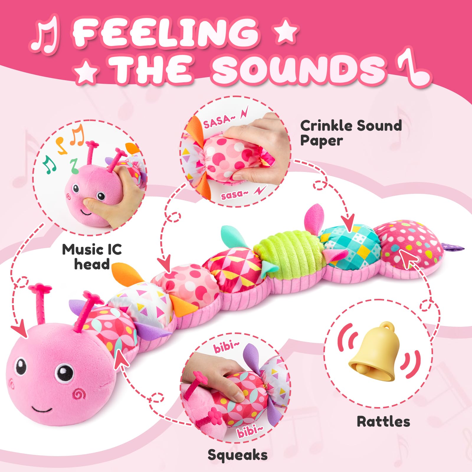 AWOTOY baby toy with pink colorful body aids visual tracking and exploration.