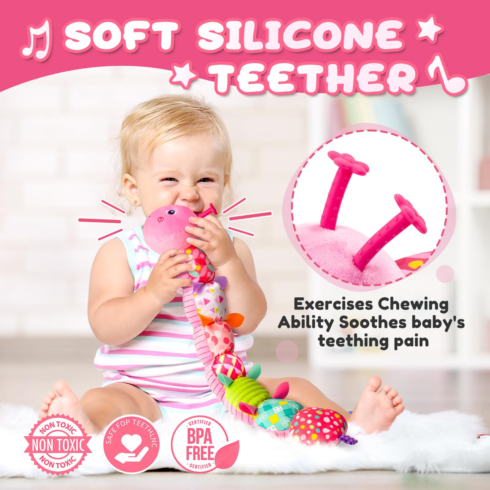 AWOTOY textured feet and patterns boost tactile stimulation during playtime.