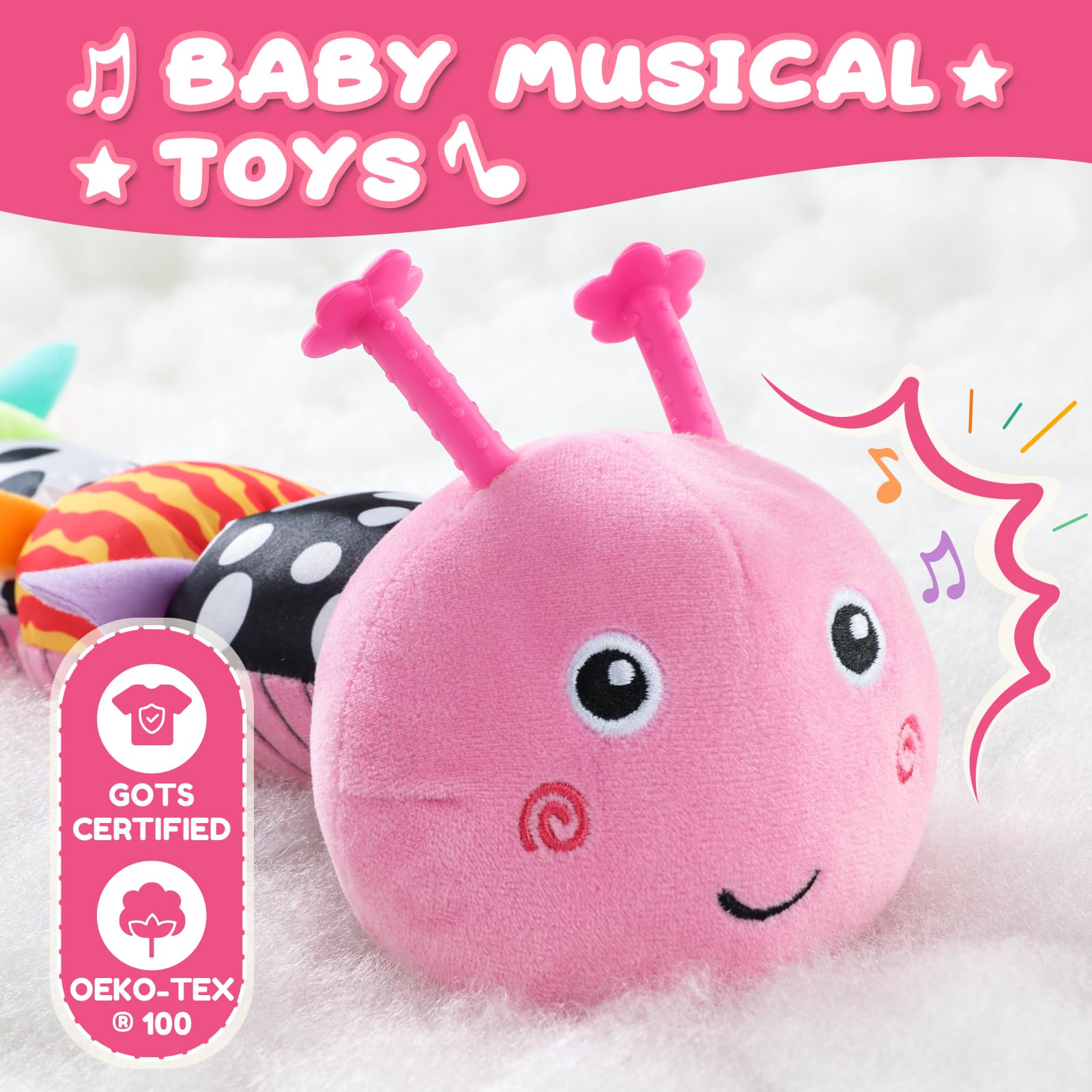 AWOTOY Candy Pink Caterpillar body crinkle texture supports fine motor exploration.
