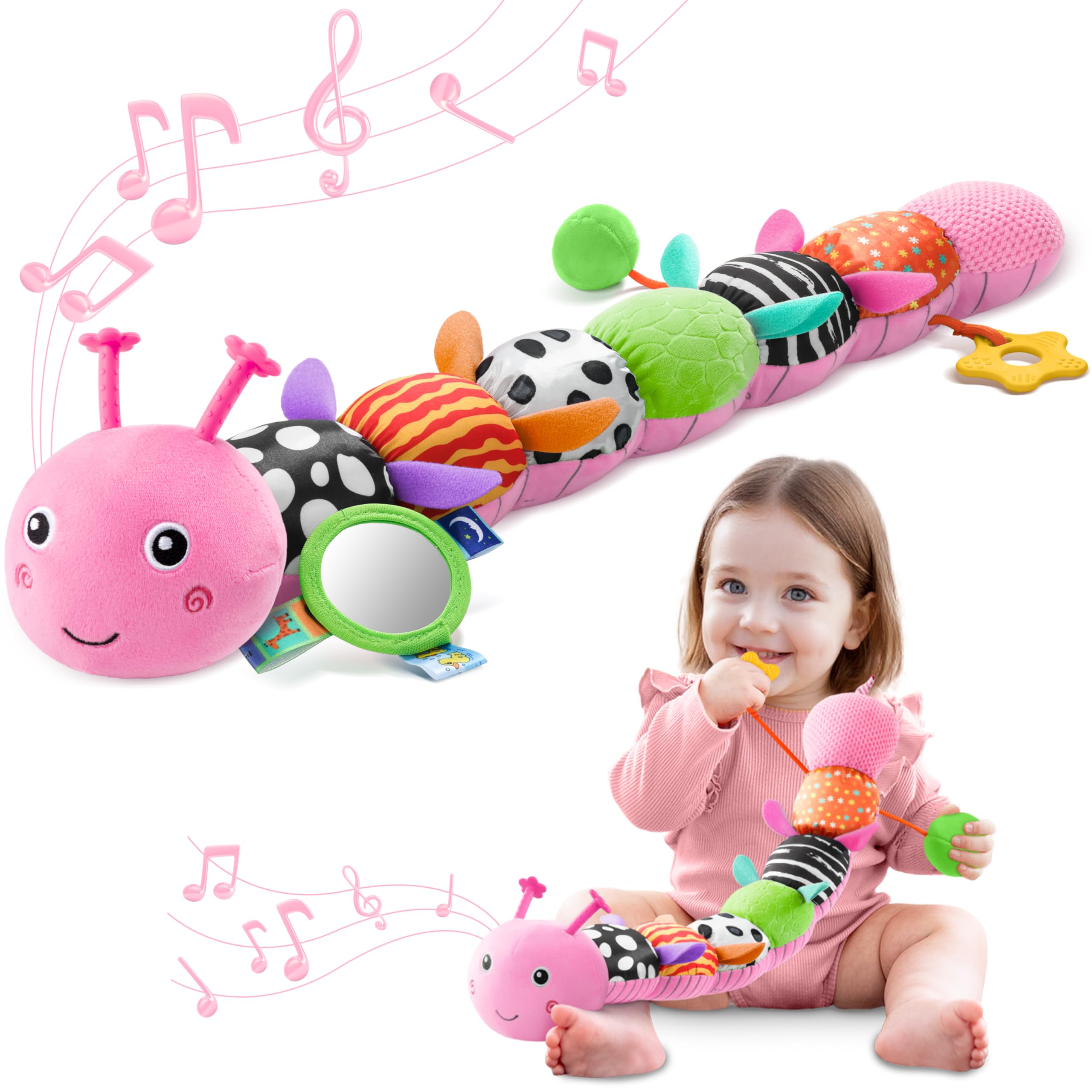 AWOTOY Candy Pink Caterpillar head with music soothes newborns during tummy time.