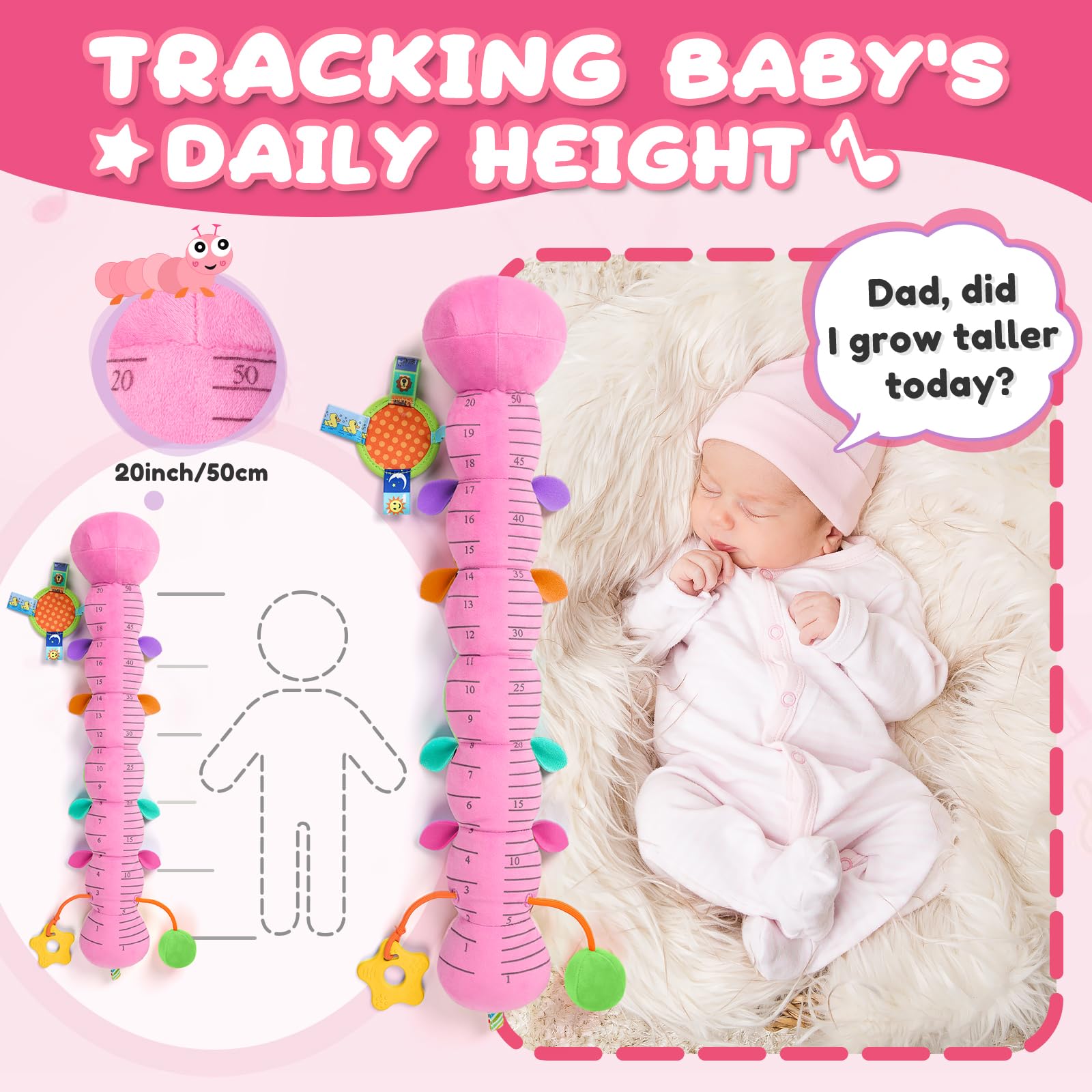 AWOTOY Candy Pink Caterpillar teether feature provides safe chewing relief.