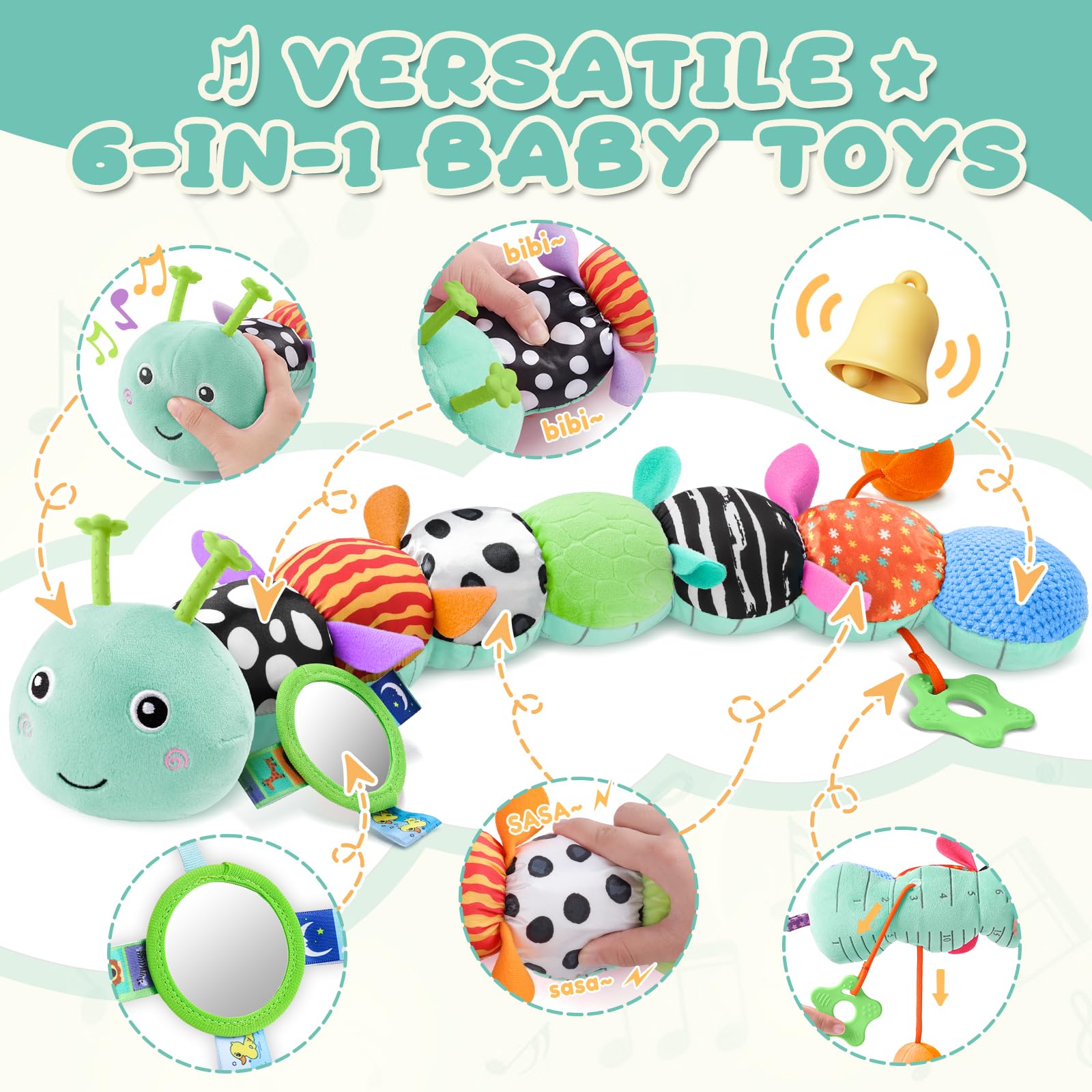 AWOTOY Caterpillar mirror with pull-string supports self-awareness during tummy time
