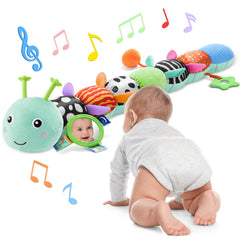 AWOTOY caterpillar music toy full view demonstrating plush design for tummy time and cuddles