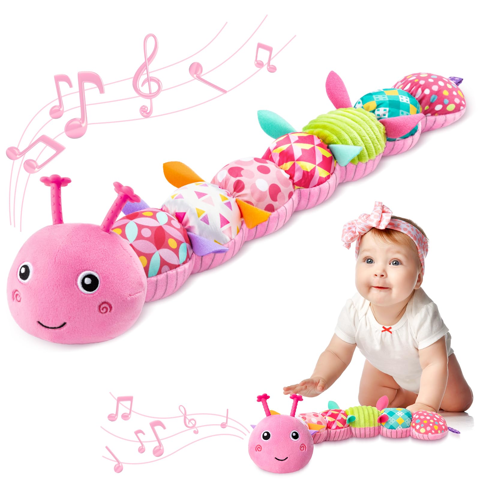 AWOTOY caterpillar with crinkle tail encourages early auditory exploration and tactile play.