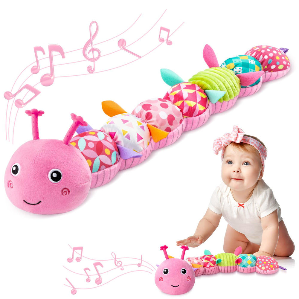 AWOTOY caterpillar with crinkle tail encourages early auditory exploration and tactile play.