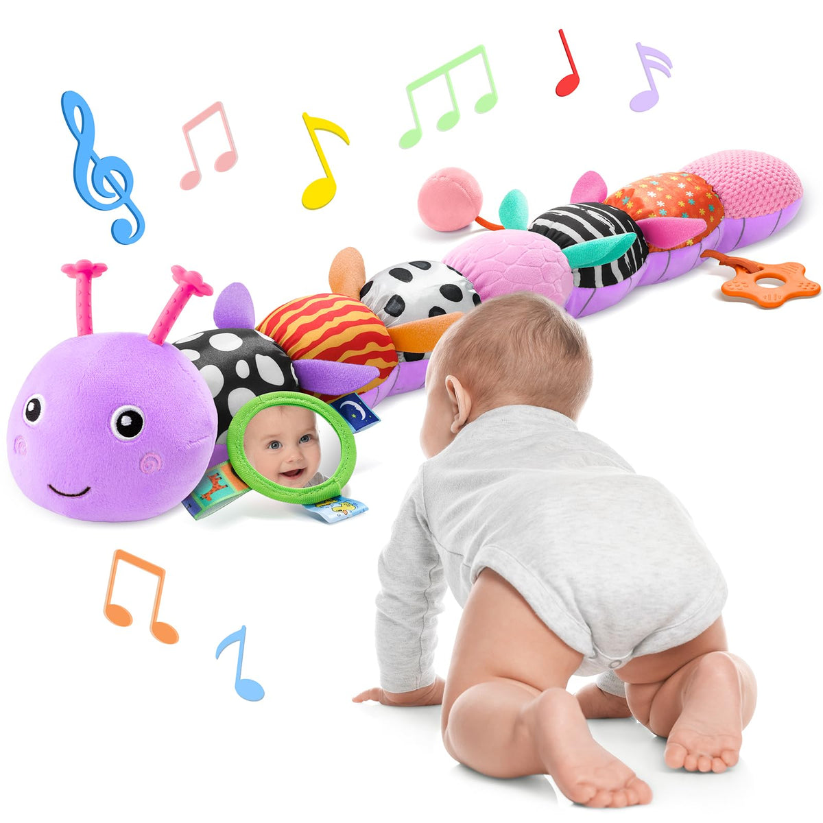AWOTOY caterpillar musical toy with mirror supports tummy time and self-discovery