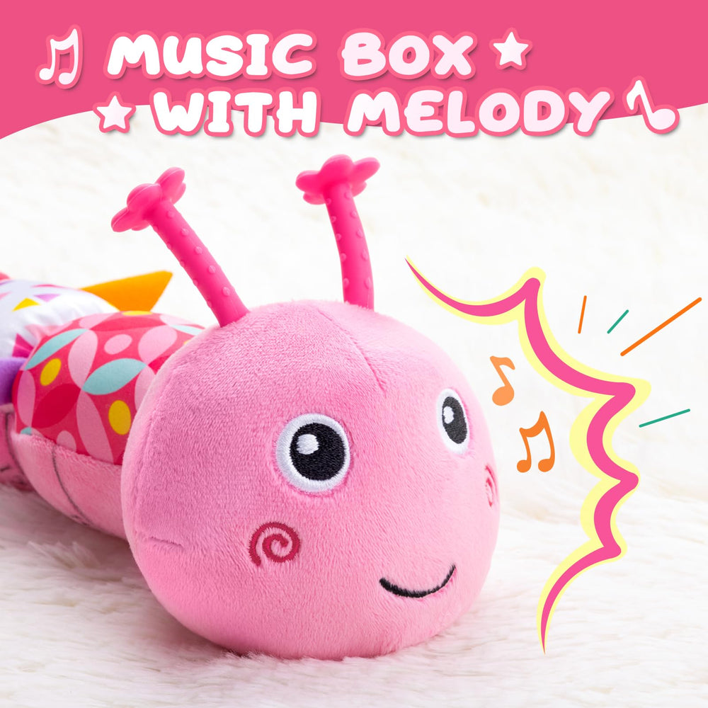 AWOTOY caterpillar toy features rattle bells for engaging baby hearing and hand movement.