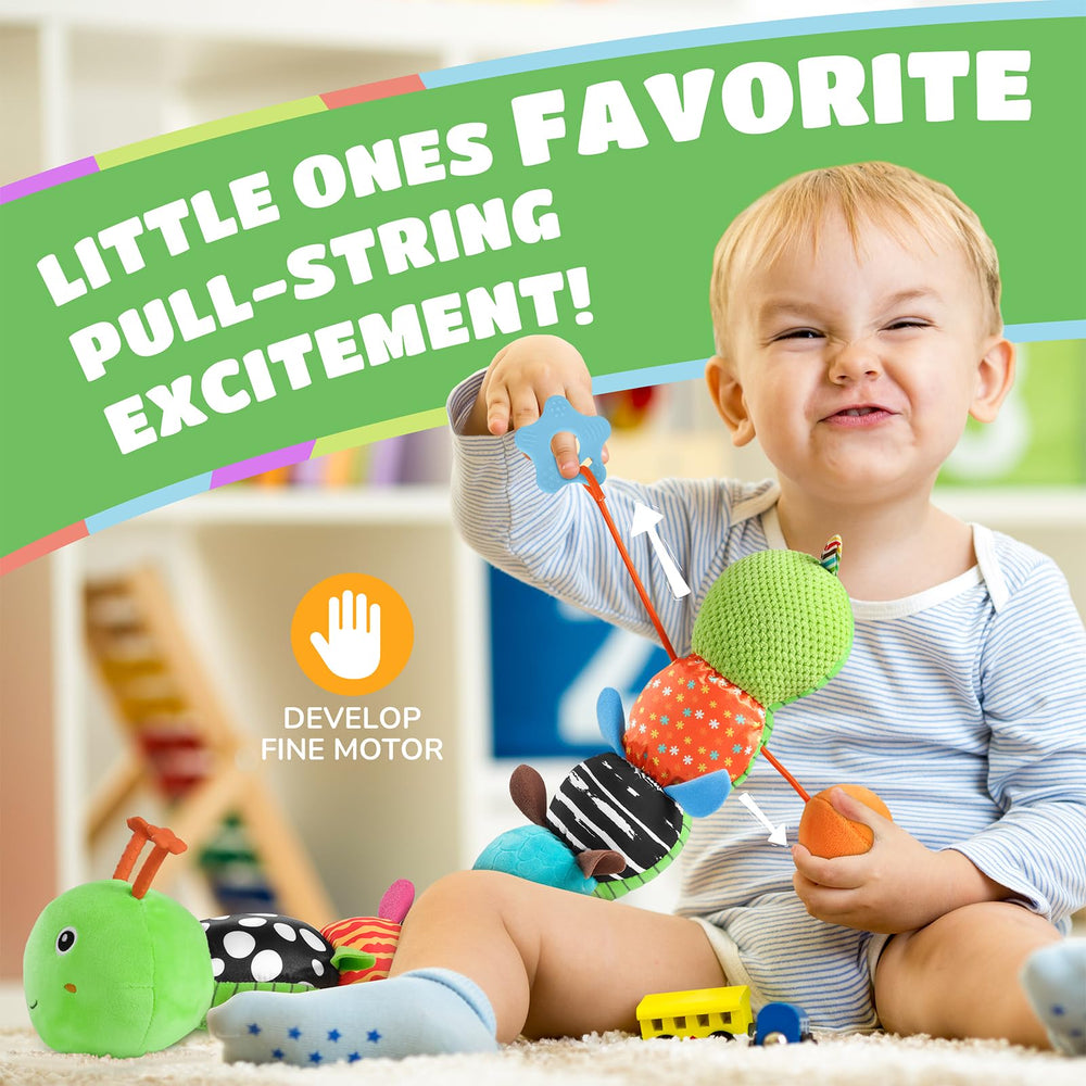 AWOTOY Caterpillar pull-string feature enhances fine motor exploration.