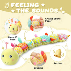 AWOTOY Caterpillar rattle and bell provide engaging audio cues for play.