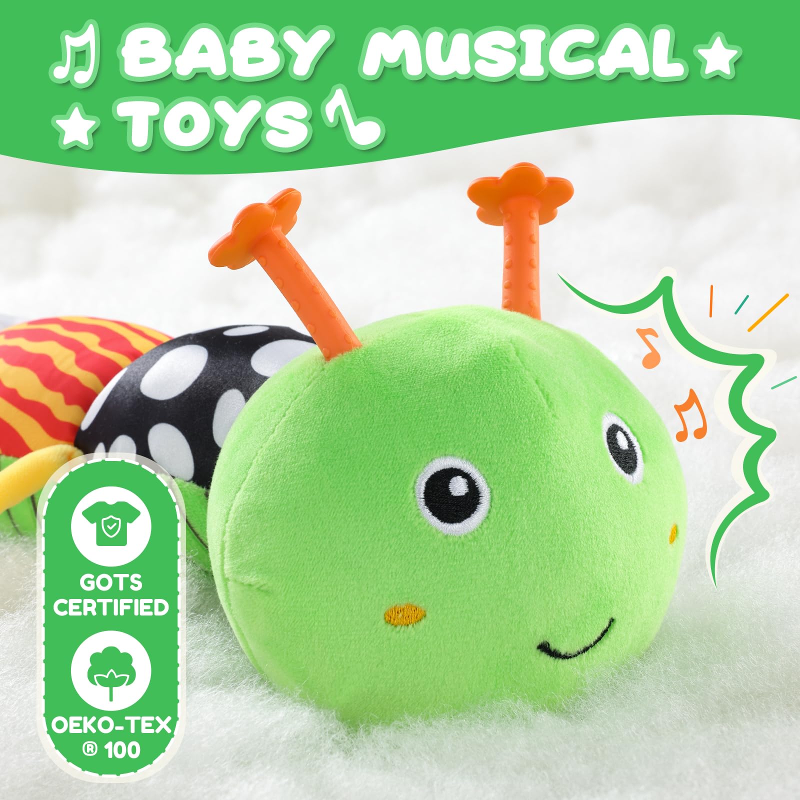 AWOTOY Caterpillar BPA-free plush is soft and teething-friendly.
