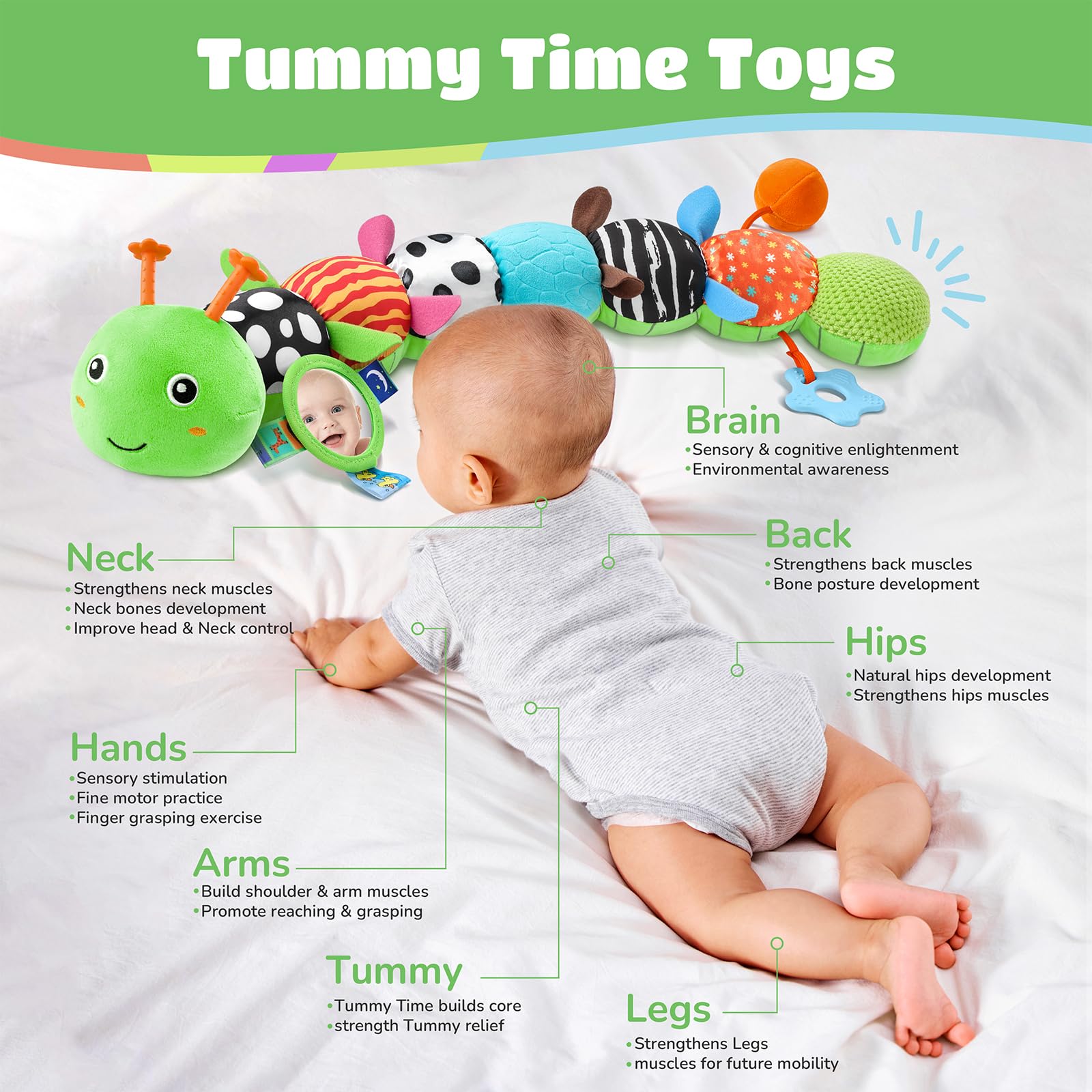 AWOTOY Caterpillar toy with mirror and textures for sensory play.