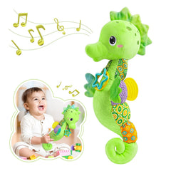 Awotoy Seahorse musical toy in green engages baby’s hearing during play.