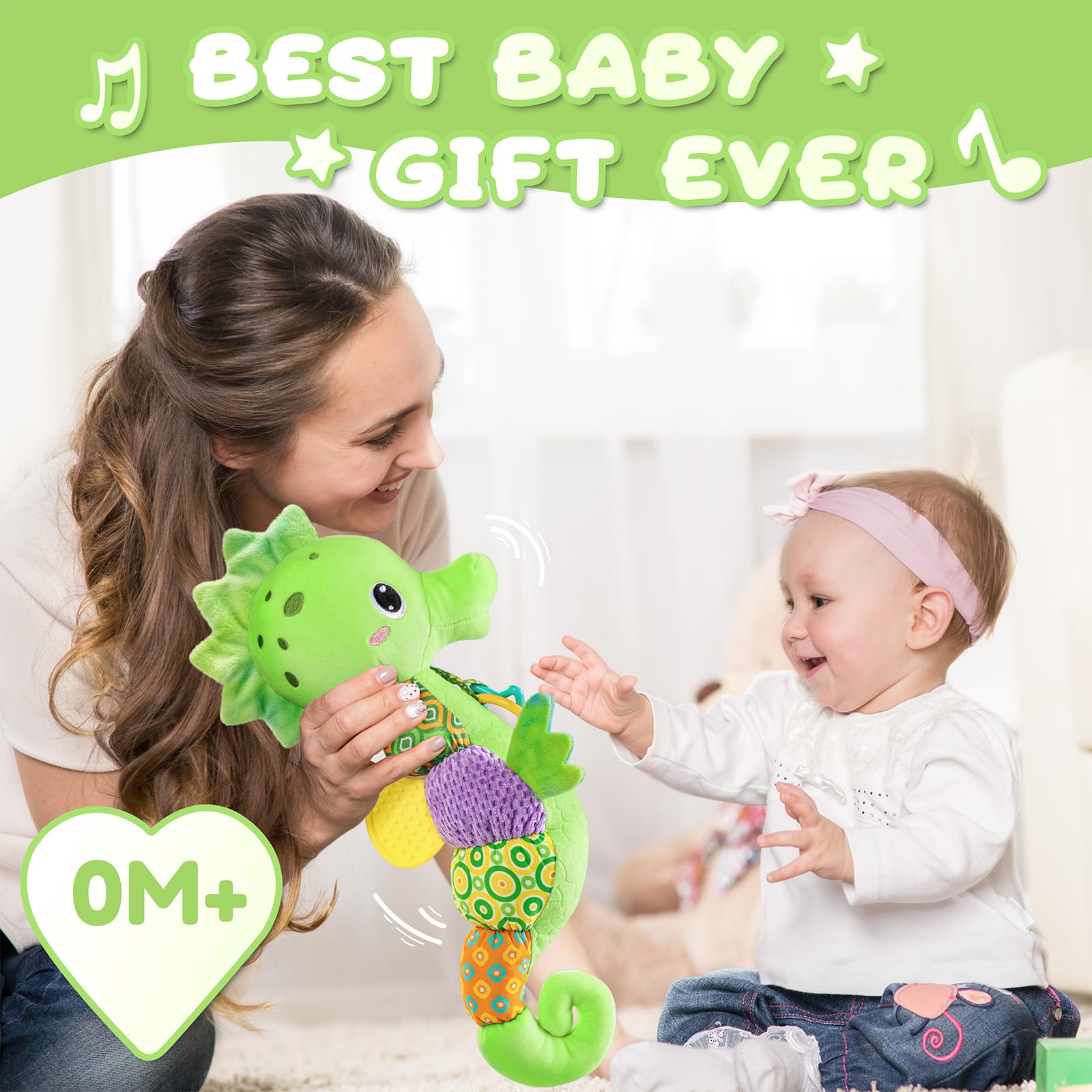 Awotoy Seahorse soft plush body invites cuddles and tummy time exploration.
