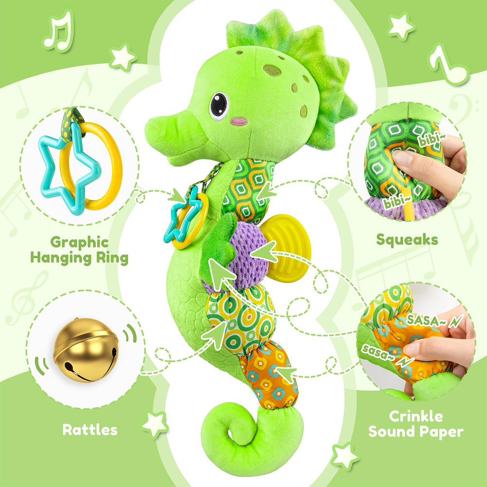 Awotoy Seahorse teether silicone back soothes teething while baby plays.