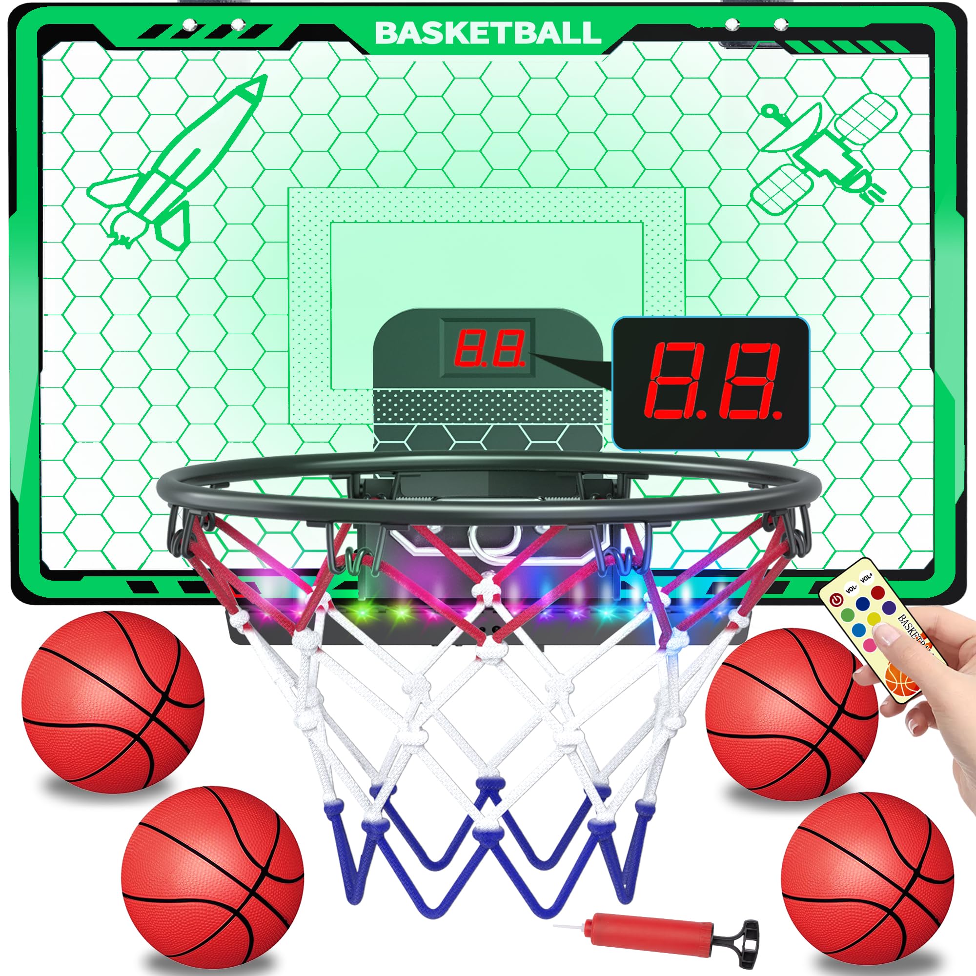 Awsoo indoor basketball hoop with green LED bar for kids' home play.