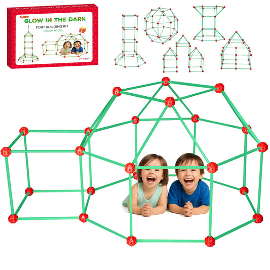 Awsoo Fort Building Kit with 52 poles and 24 connectors for imaginative play indoors.