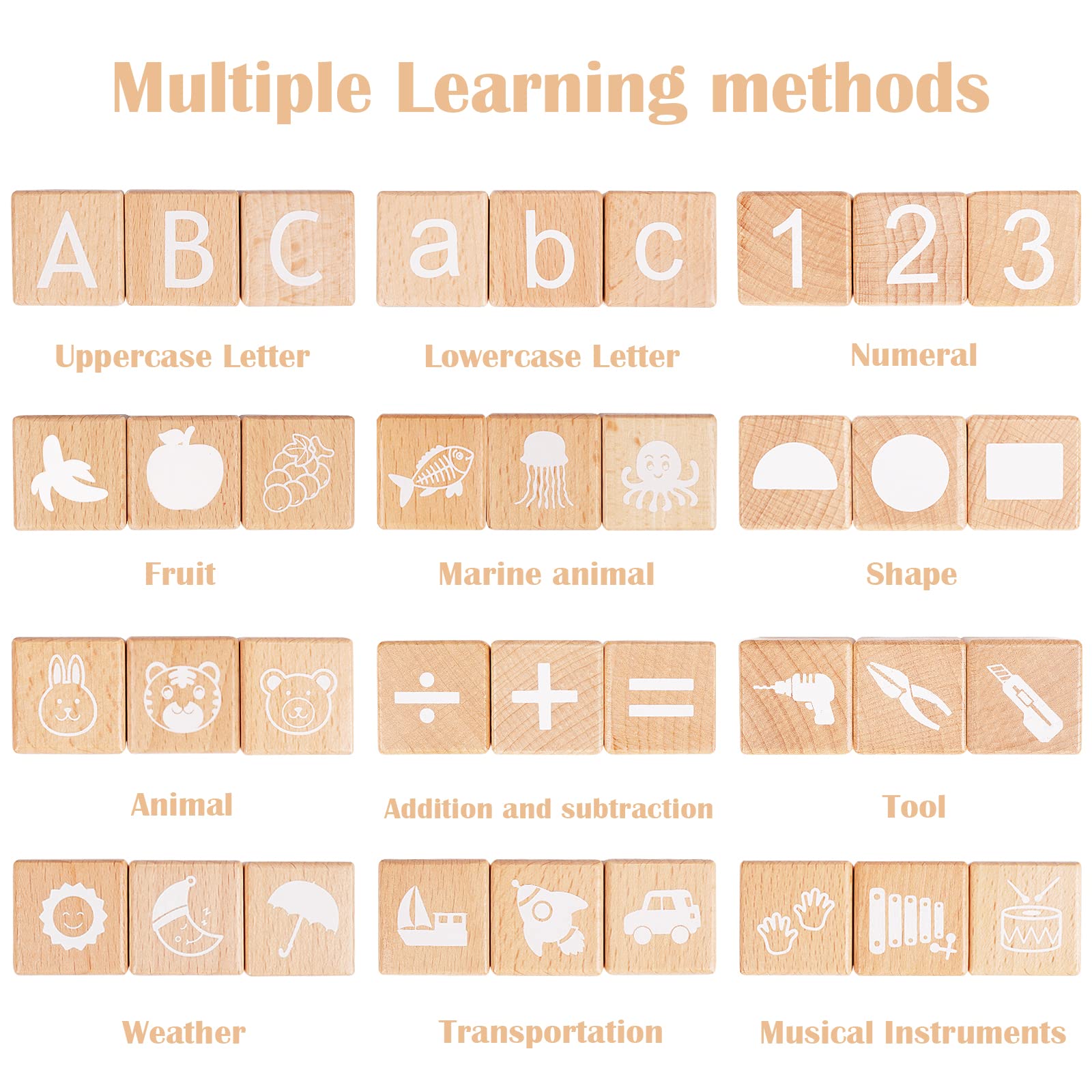 AXEARTE wooden ABC blocks with letters and icons promote number sense and creative building.
