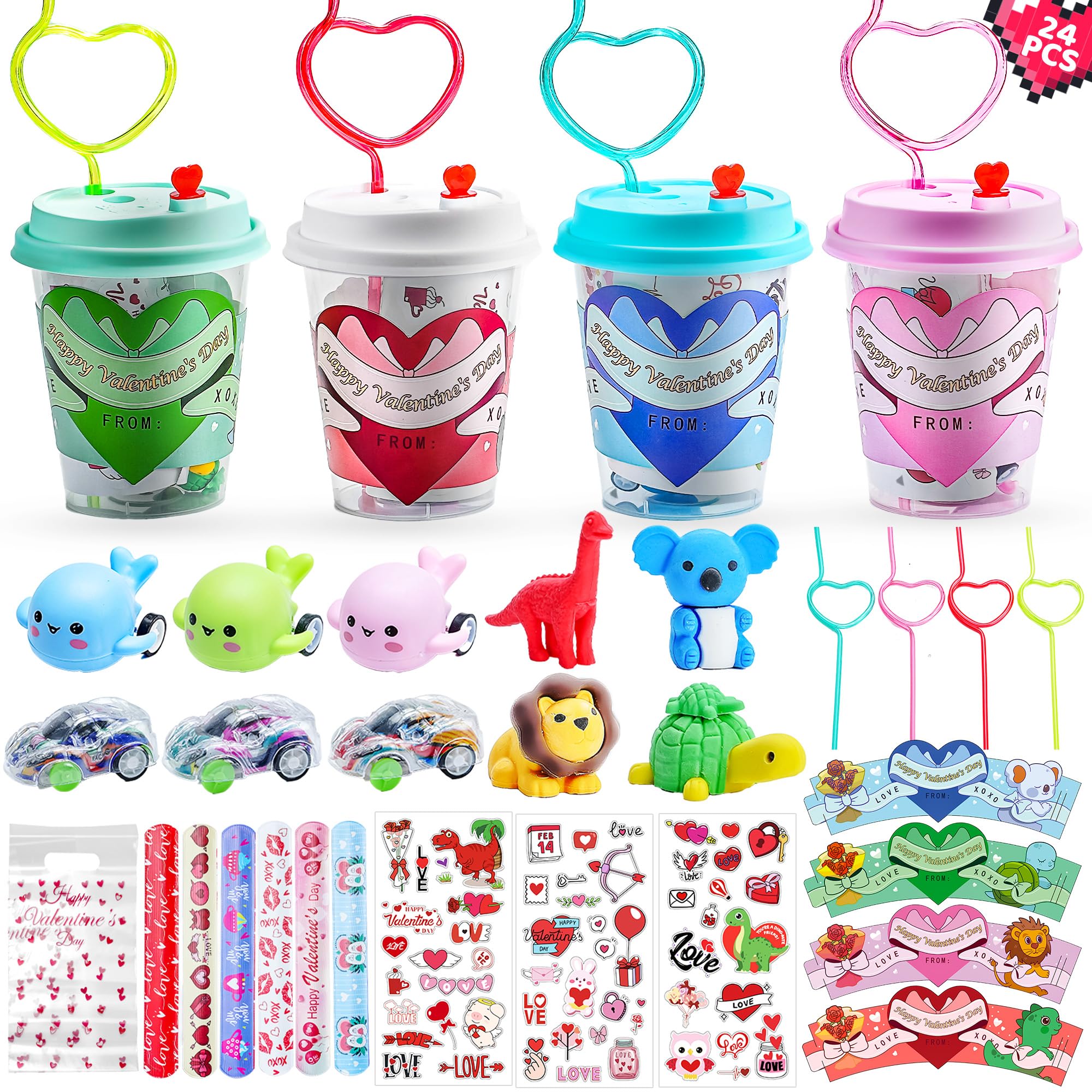 AYGXU valentines cups with four color lids, reusable and kid-friendly.