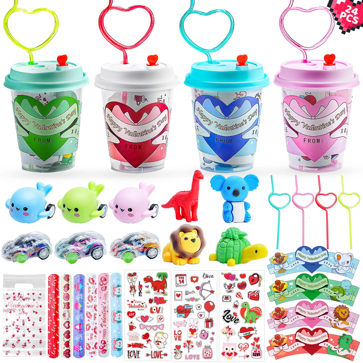 AYGXU valentines cups with four color lids, reusable and kid-friendly.