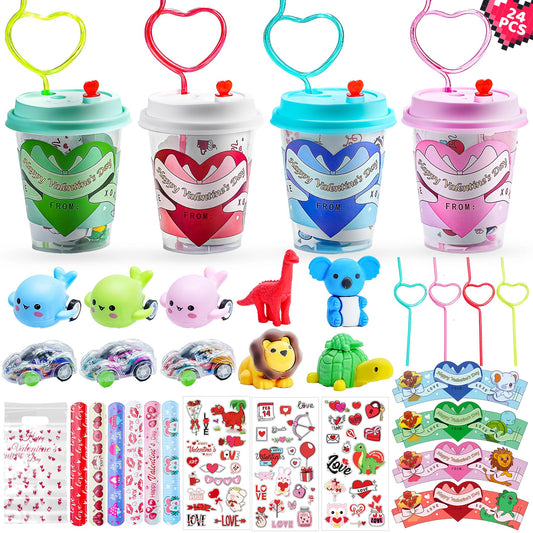 AYGXU valentines cups with four color lids, reusable and kid-friendly.