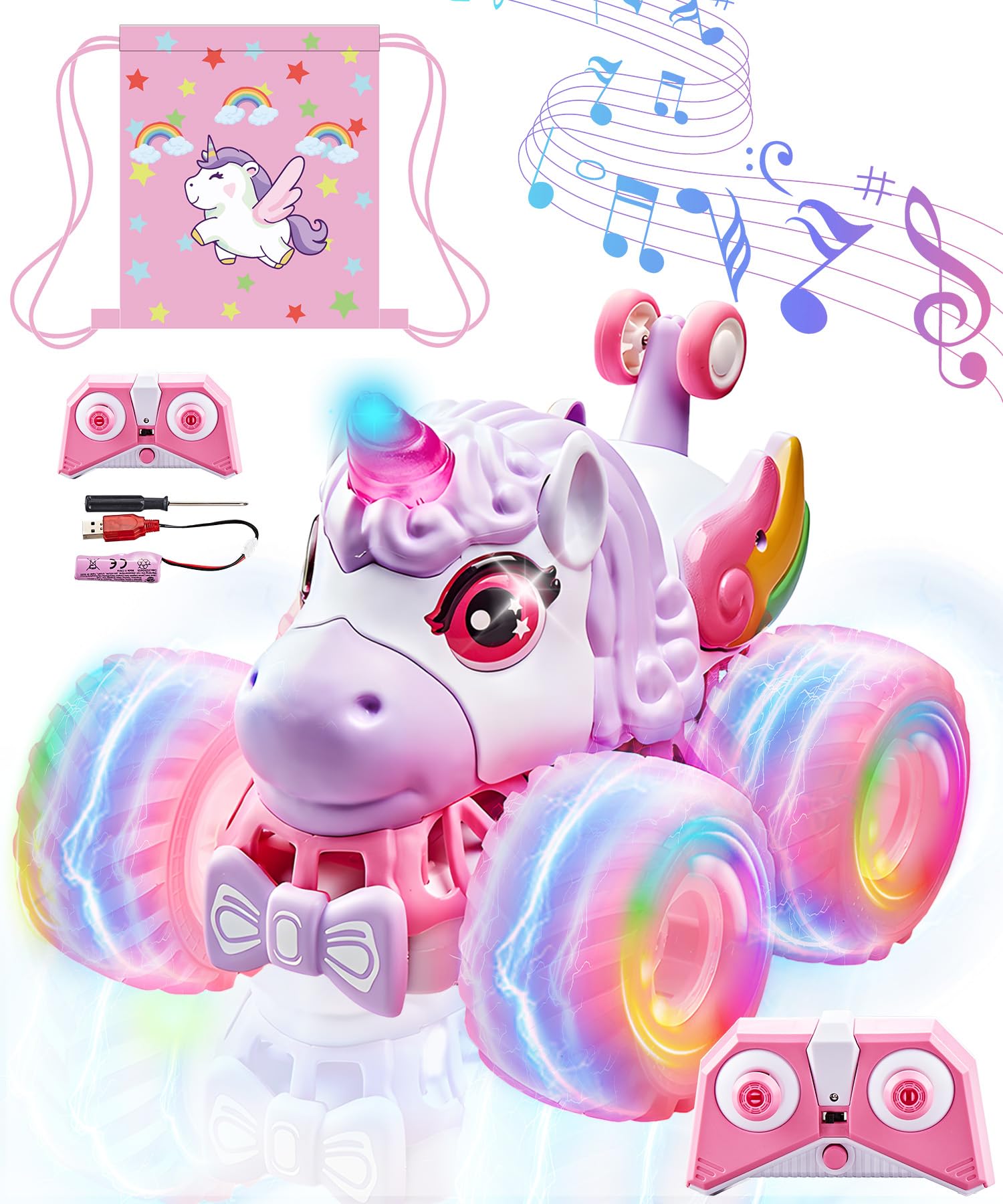 Ayiaum Unicornios RC car with lights and music enhances playtime for kids.