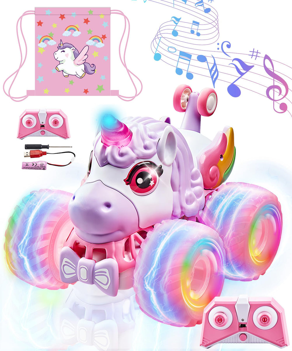 Ayiaum Unicornios RC car with lights and music enhances playtime for kids.