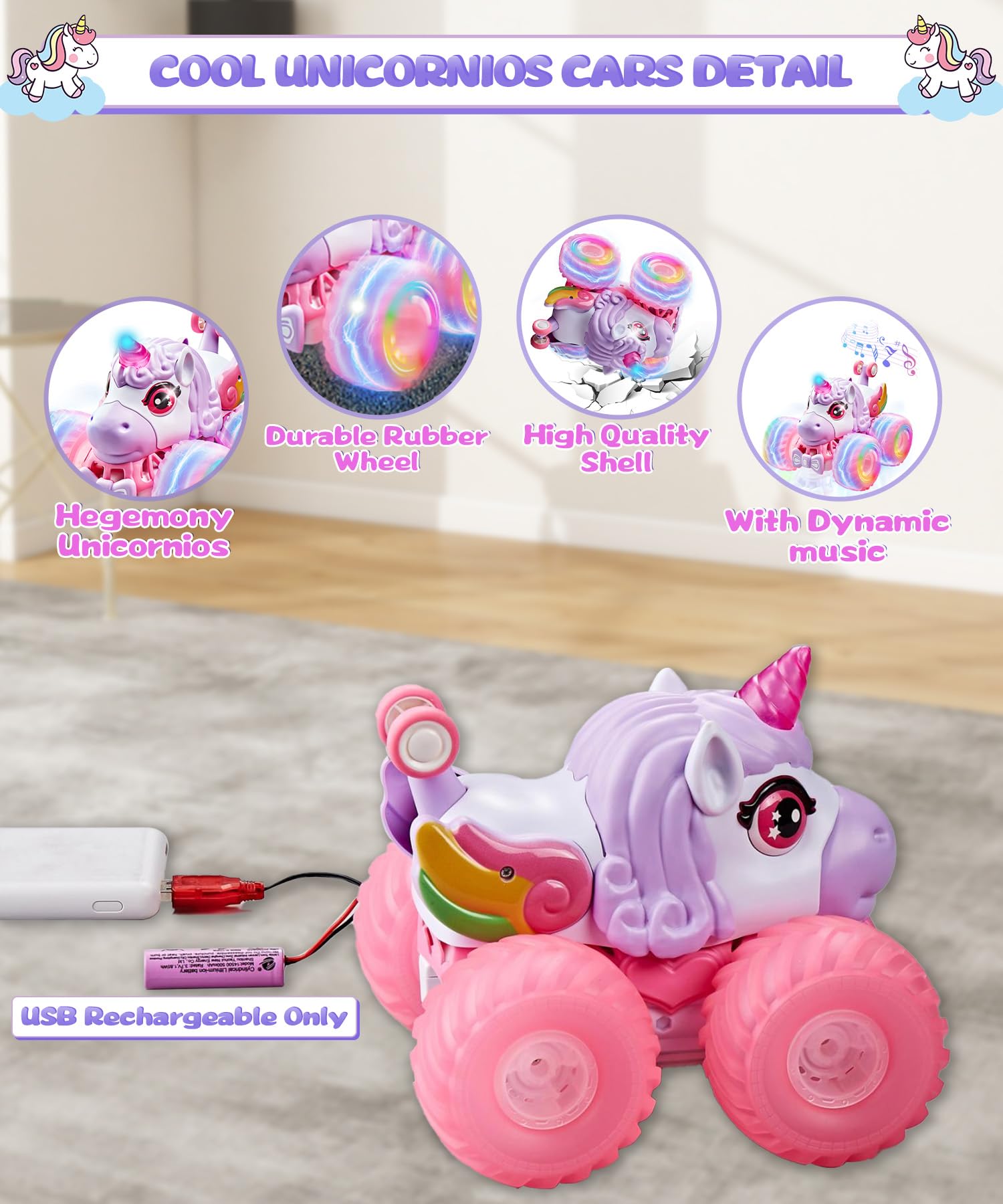 Ayiaum Unicornios rechargeable battery powers longer play sessions.