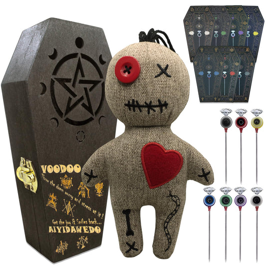 Ayidawedo LOA Voodoo Doll in wooden coffin box for ceremonial keepsake and display.
