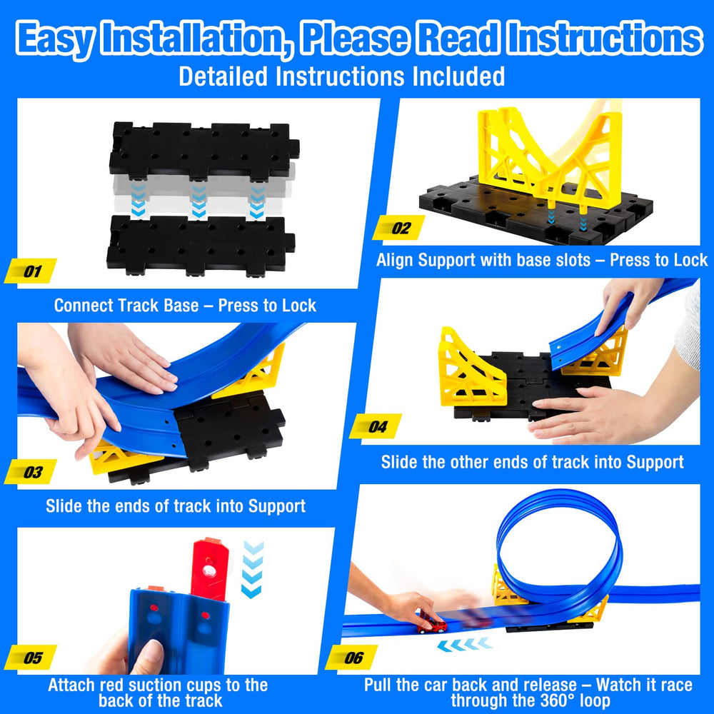 1/64-scale diecast cars glide along the flexible path.