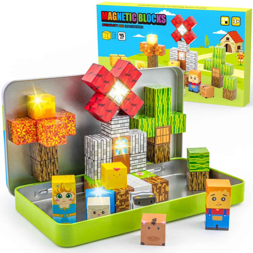 Aywewii magnetic blocks in a tin case for portable stem play on the go
