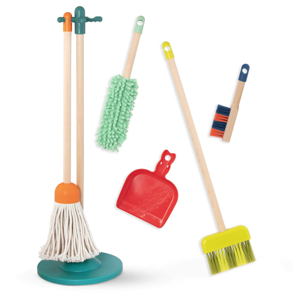 B. toys Clean n' Play wooden broom for imaginative housekeeping play.