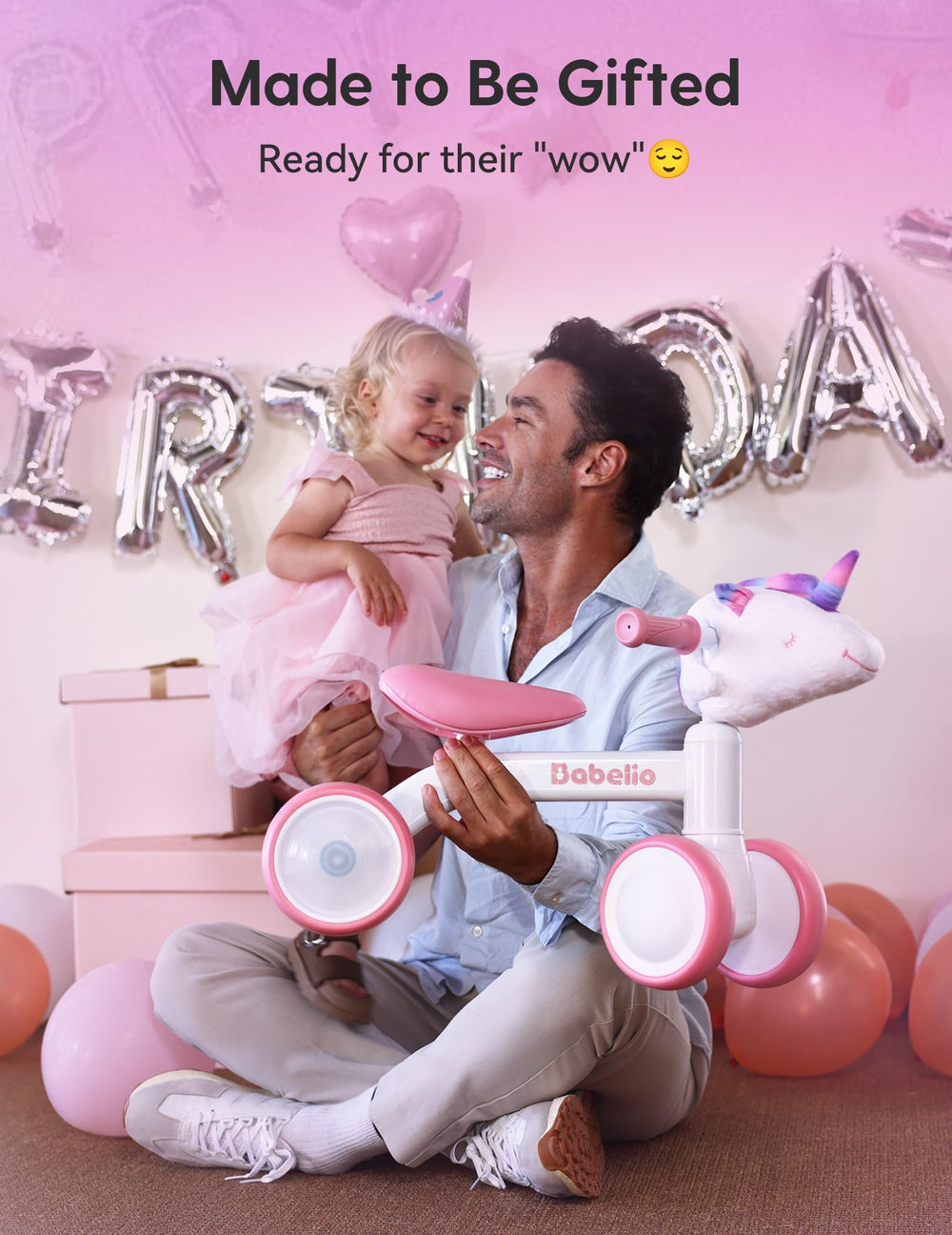 135-degree steering safety feature of the BABELIO unicorn balance bike