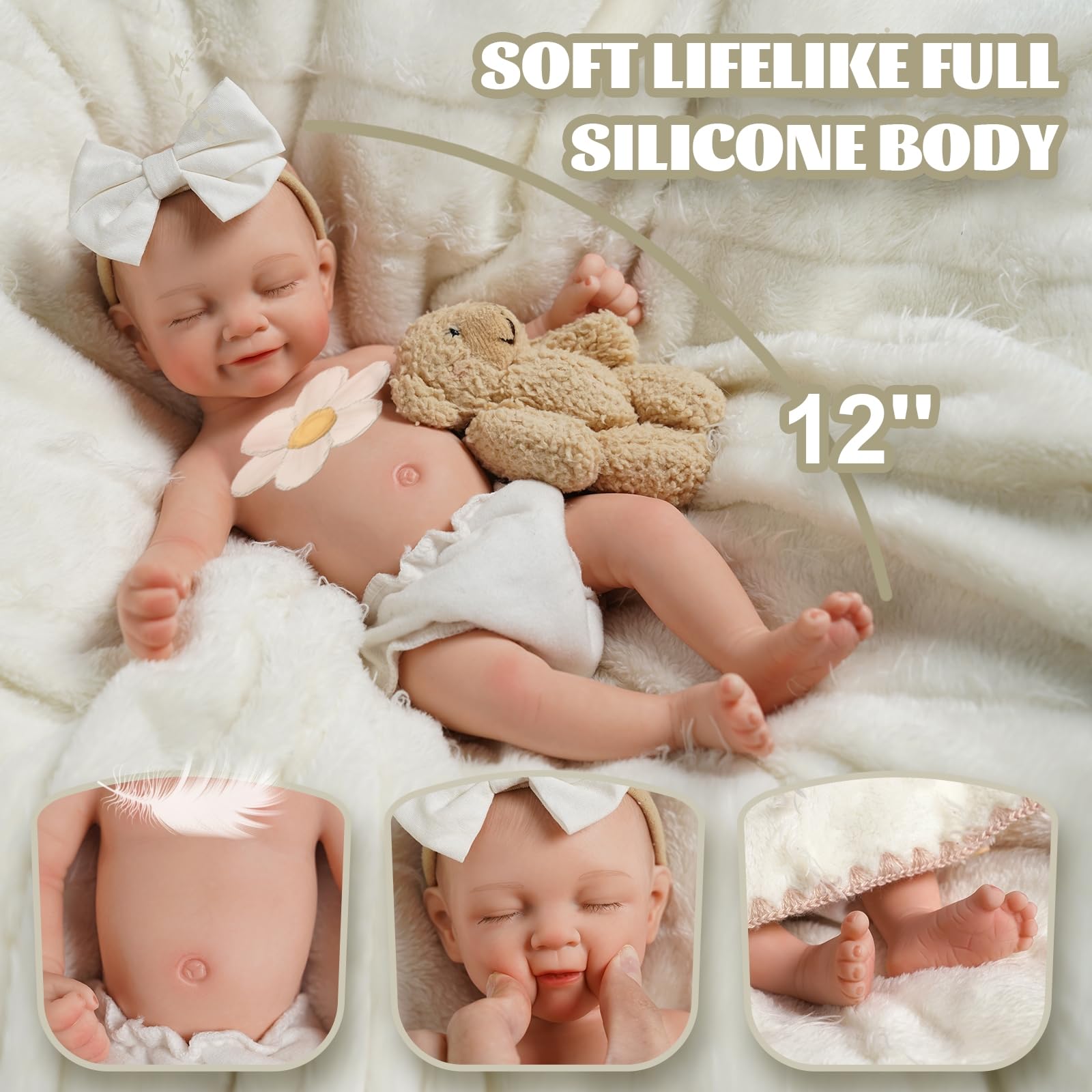 BABESIDE 12-inch silicone reborn doll body with weighted heft for natural holds.