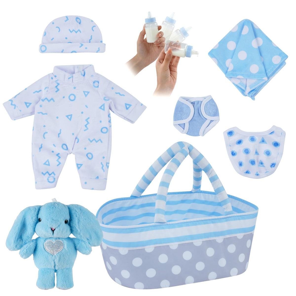 BABESIDE 8-pcs doll clothes set with bassinet, ideal for imaginative play and easy storage.
