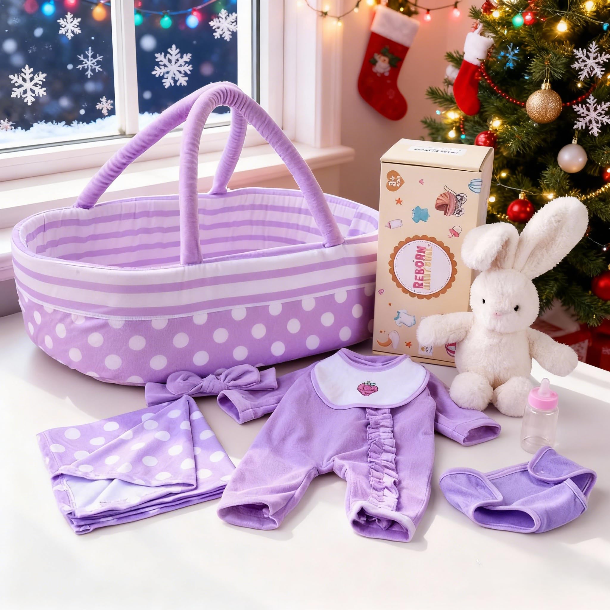 Babeside baby doll bassinet with colorful dot design, ideal for portable play.