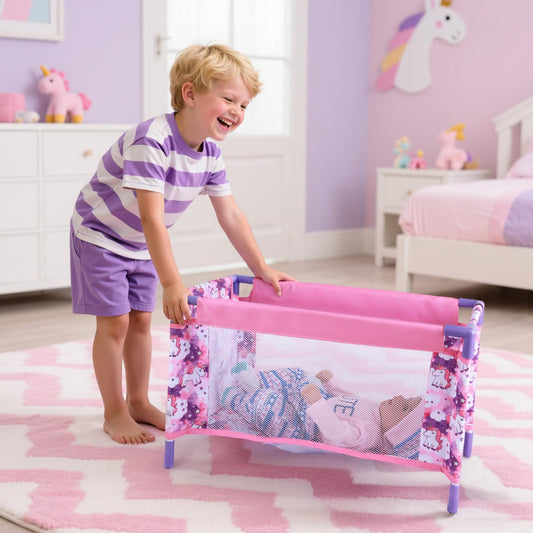 BABESIDE doll bed with zippered storage bag for tidy transport.