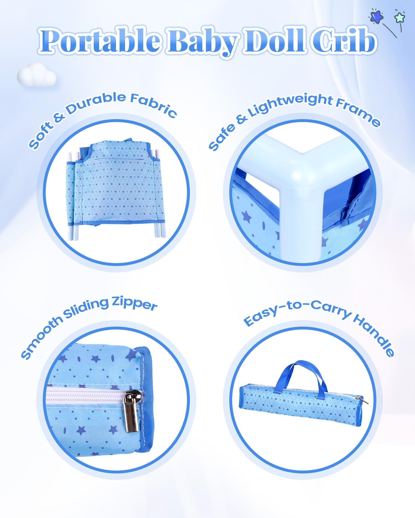 BABESIDE blue crib shows open dimensions for 18-inch dolls