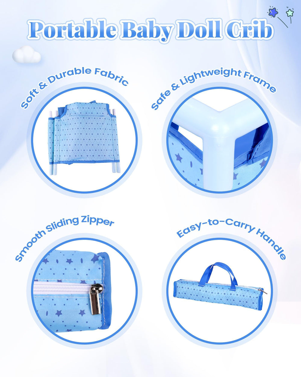 BABESIDE blue crib shows open dimensions for 18-inch dolls