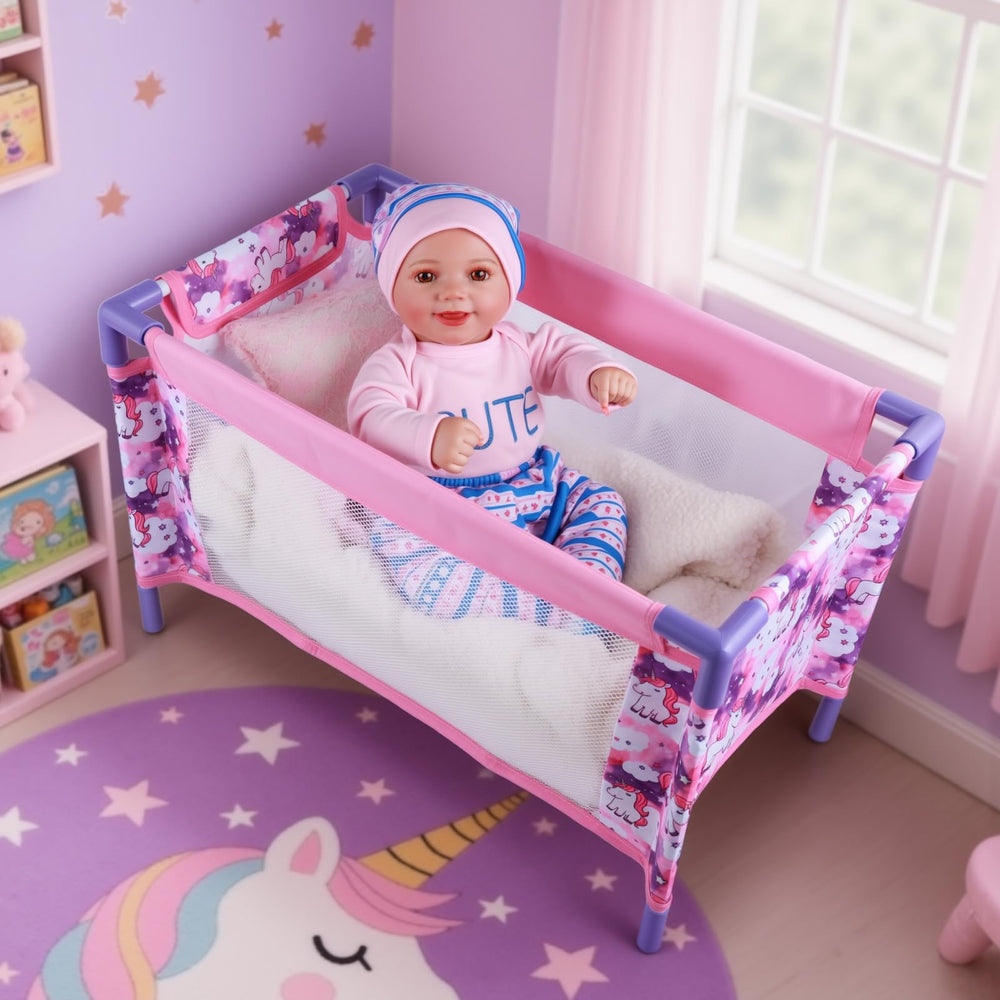 BABESIDE foldable baby doll bed setup for on-the-go play.