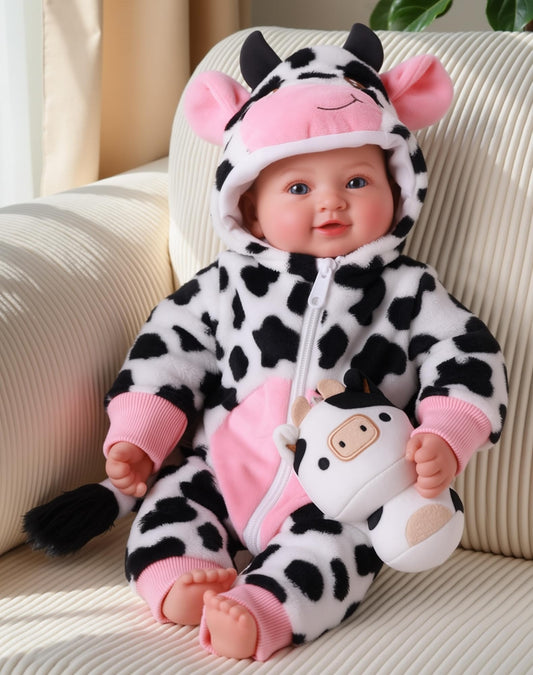 BABESIDE baby doll wearing cow outfit sparks imaginative pretend play