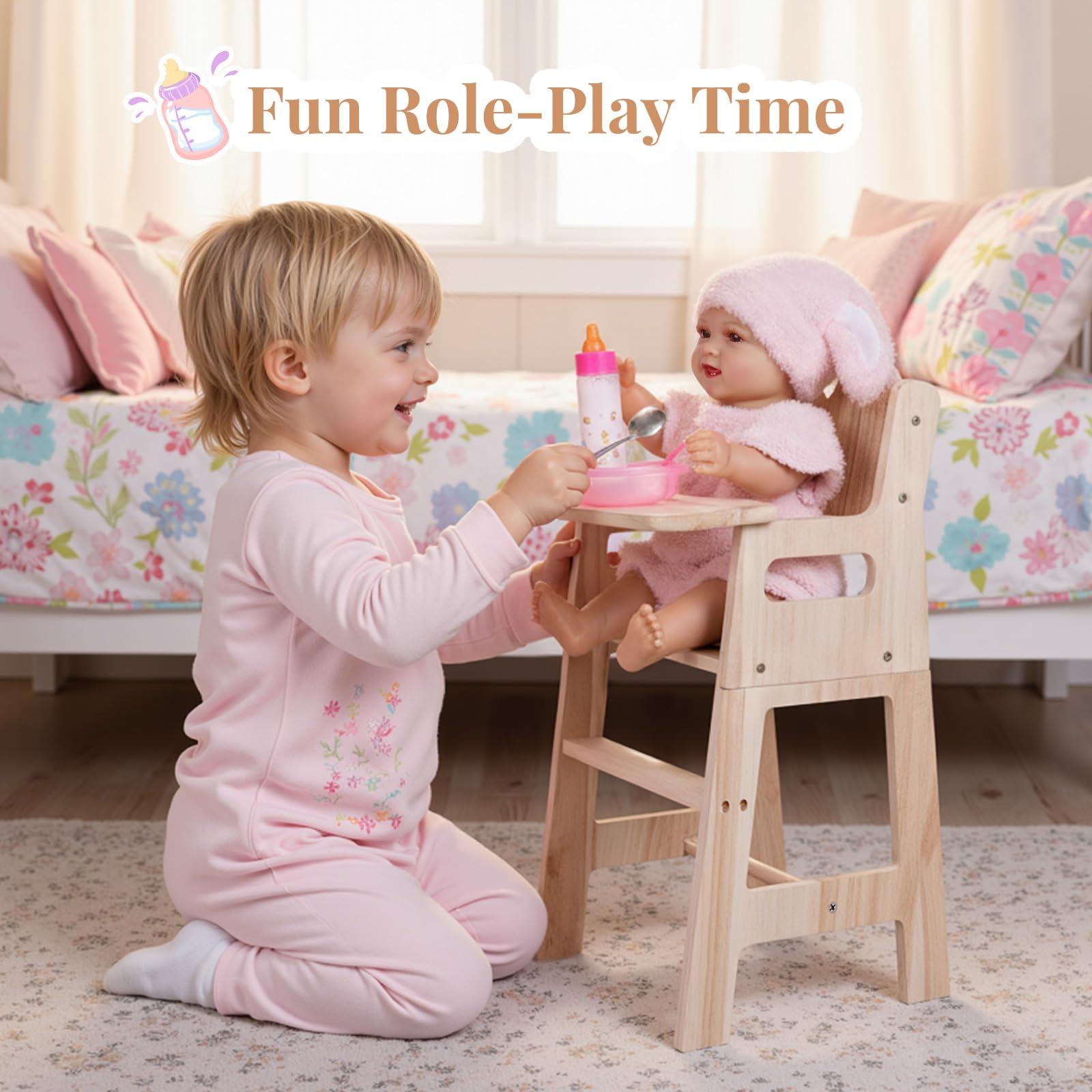 Realistic accessories invite nurturing play and social skills.